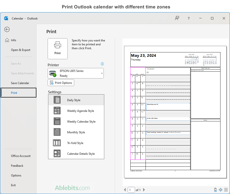 Print Outlook calendar with different time zones.