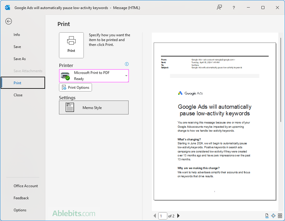 Print to PDF from Outlook.