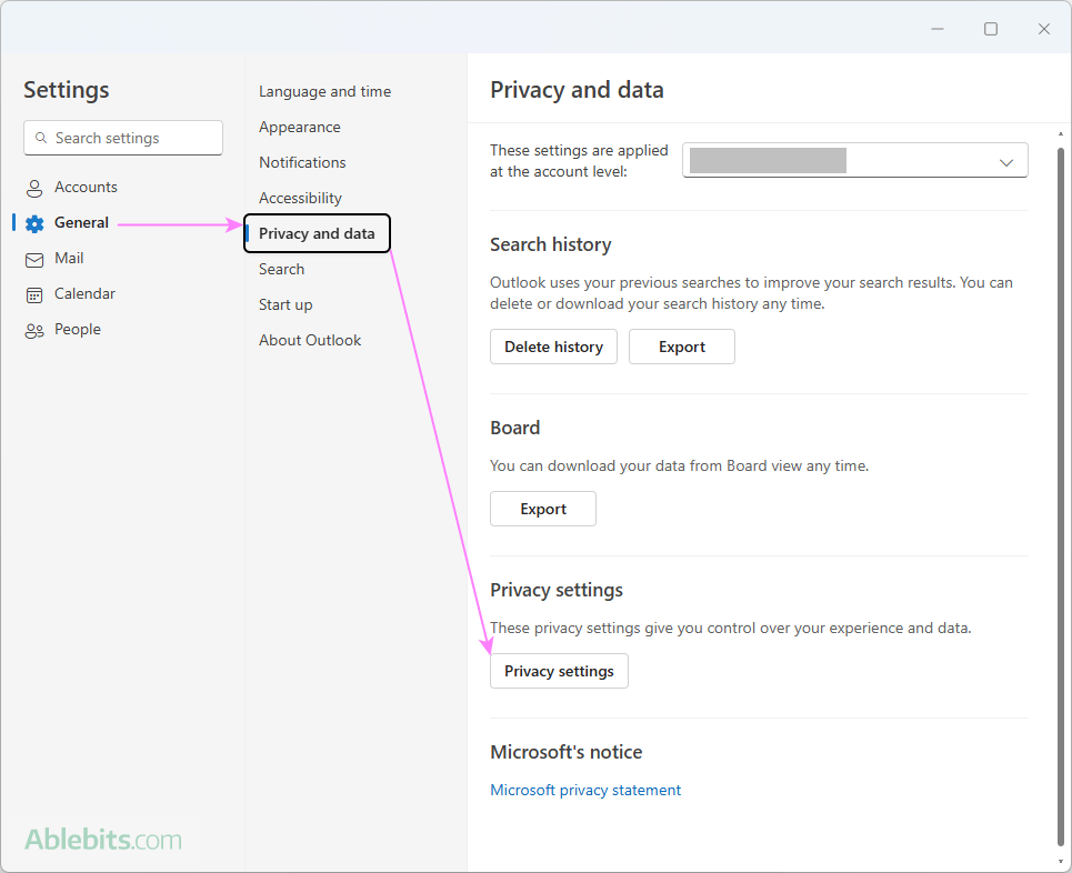 Privacy settings in the new Outlook app.