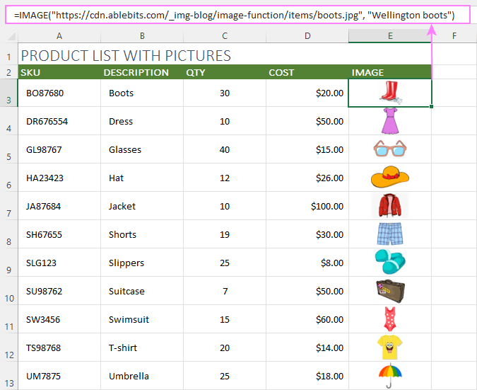 A product list with pictures in Excel