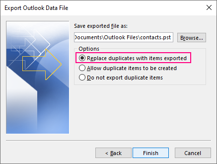 Choose how to deal with possible duplicates and click Finish.