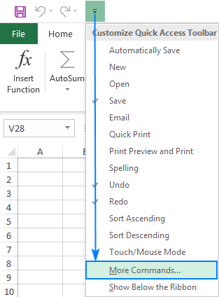 Click More Commands to open the Customize Quick Access Toolbar window.