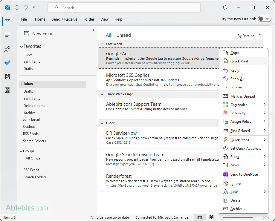 Quick Print in Outlook