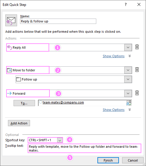 A fully configured Outlook Quick Step template