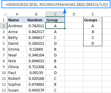 Randomly assigning data to groups in Excel