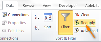 Click the Reapply button to re-sort modified data using the same criteria