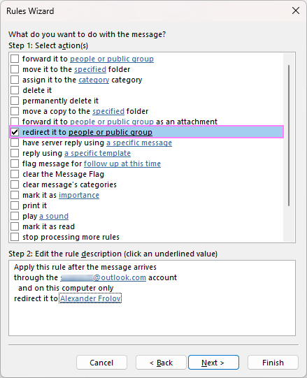 Set up a rule to redirect email in Outlook.