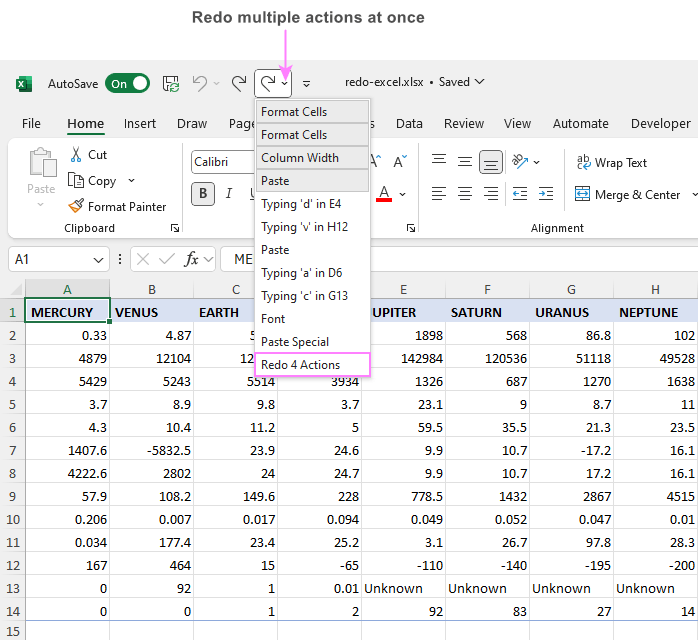 Redo multiple edits in Excel.