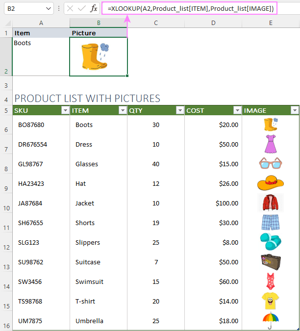 Build an XLOOKUP formula to return a matching image.