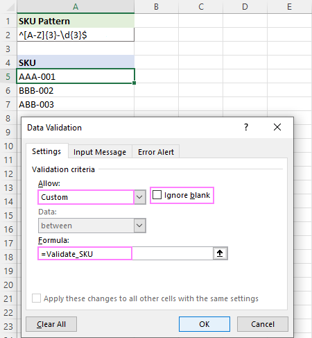 Setting up Regex Data Validation