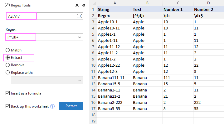 Using the RegEx Tool to extract numbers and text.