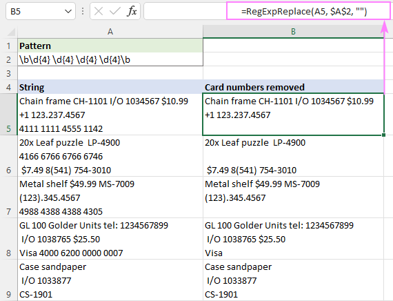 Excel formula to remove substrings matching a regex