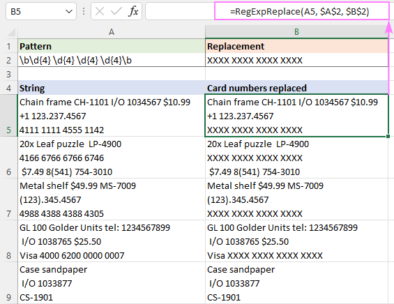 Excel formula to replace substrings matching a regex