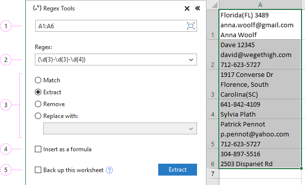 Regex Tools for Excel pane.