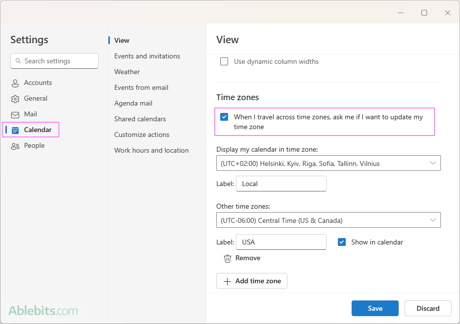 Get the new Outlook or web app to remind you to change time zones.