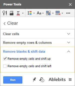 Remove blanks, shift data.