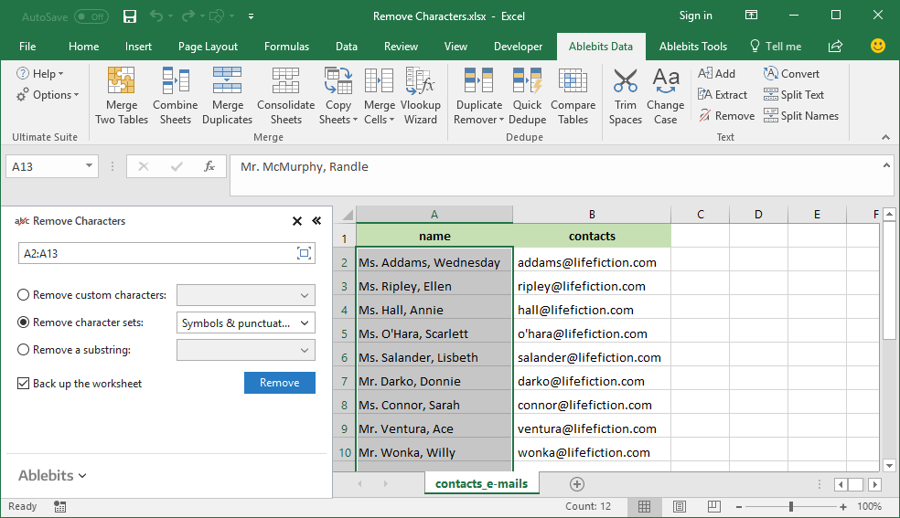 Tick the checkbox <em>Remove character sets</em> and choose <em>Symbols and punctuation marks</em>