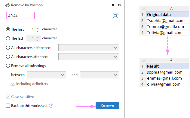 Remove the first character from selected cells