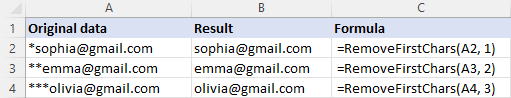 Custom function to remove first characters from a cell