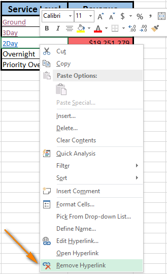 Right-click on the cell and choose Remove Hyperlink to delete the hyperlink from the worksheet.