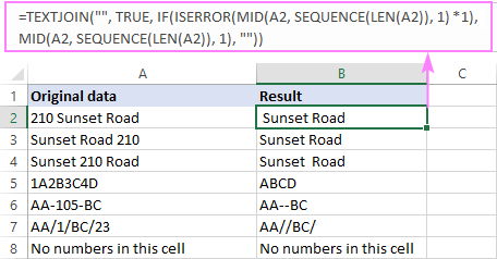 Excel formula to remove numbers from a text string