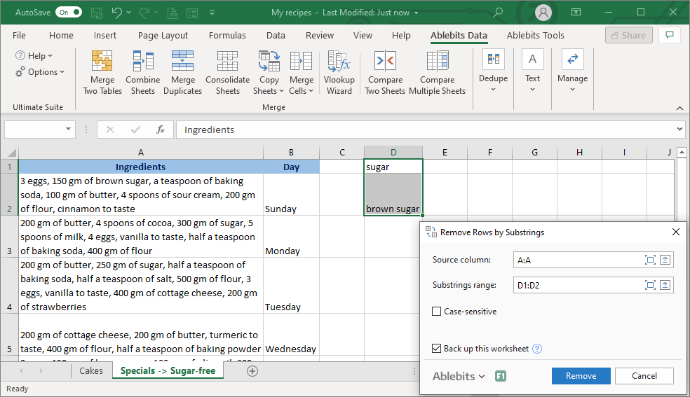 Do not forget to back up your worksheet when using the Remove Rows by Substrings tool