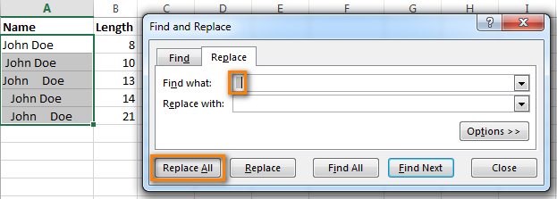 Use Excel Find & Replace to remove extra spaces between words