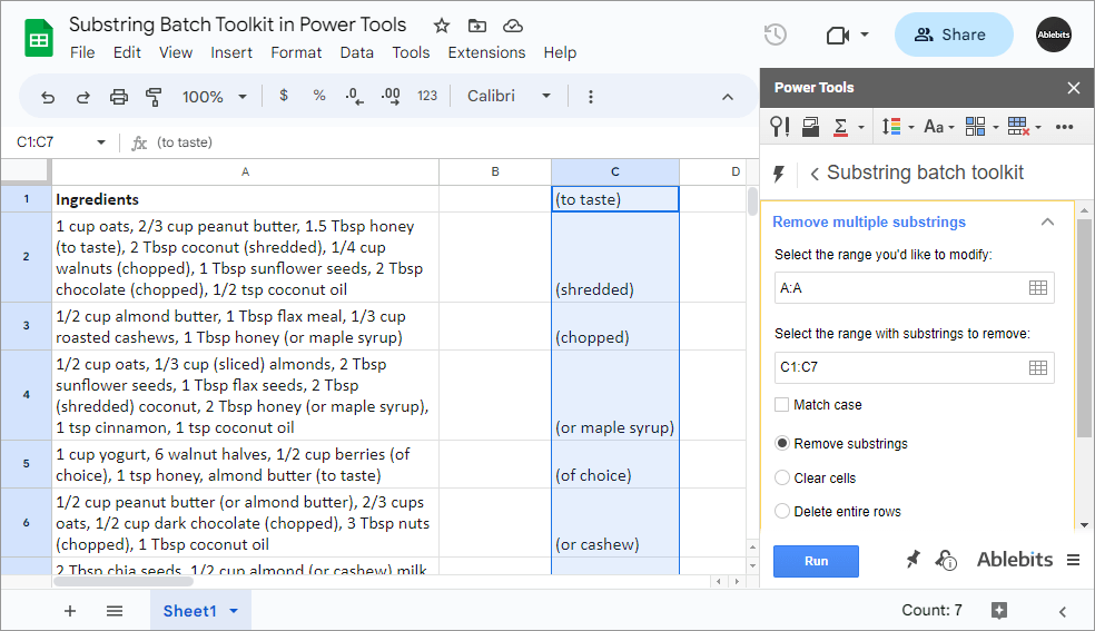 Select the range to modify and the range with substrings to remove.