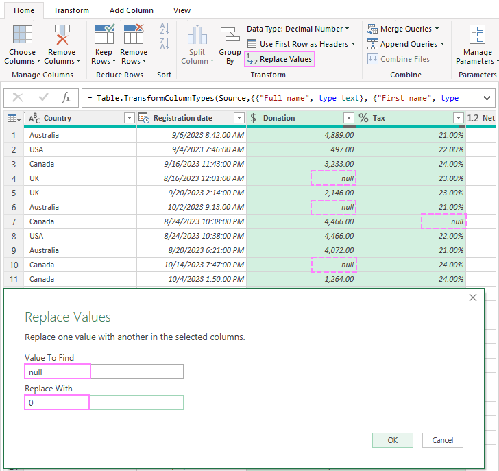 Replace missing values in Power Query.