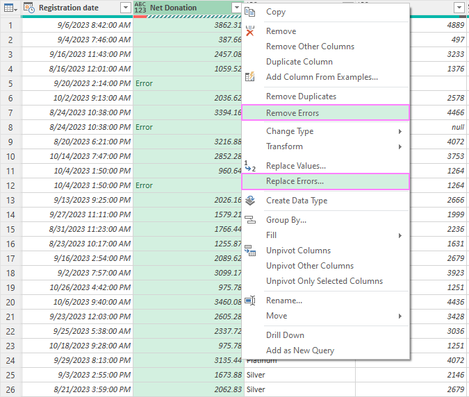 Replace or remove errors in Power Query.