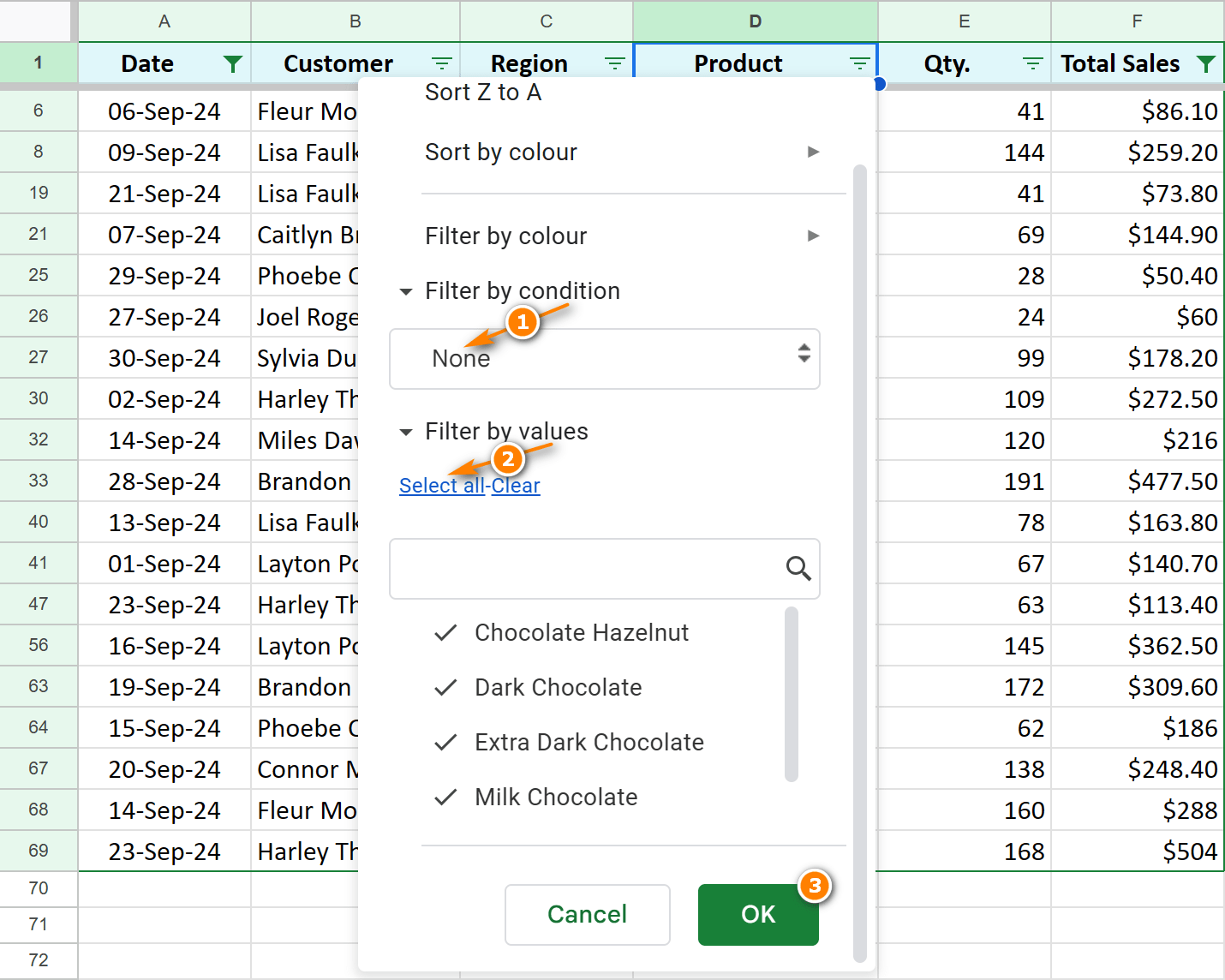 Reset filters by value and by condition.