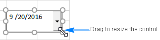 To resize the datepicker, drag a corner of the control.