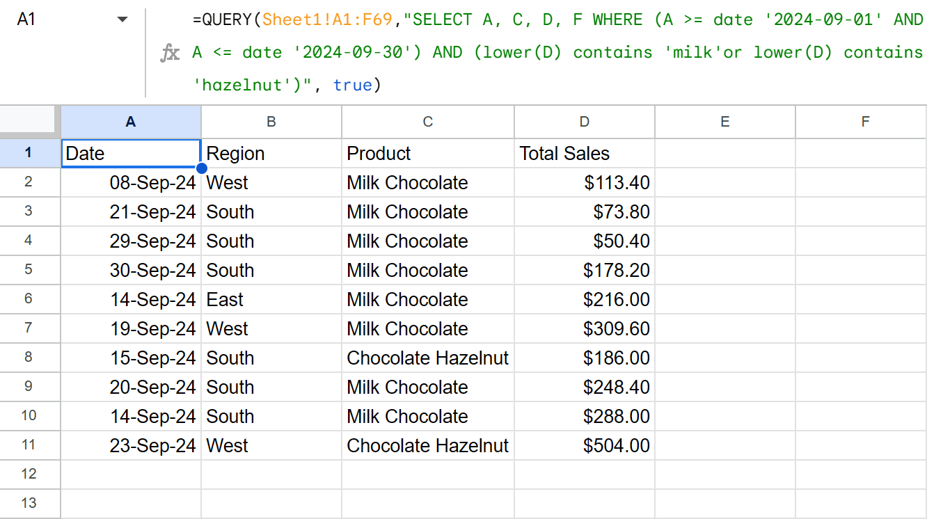 Formula built by Filter & Extract add-on to fetch matches by multiple criteria.