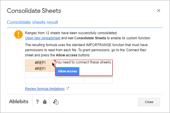 The resulting message with the instructions on how to connect the files.