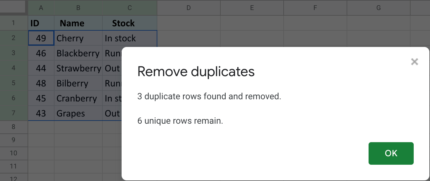 The resulting message of the standard Google Sheets tool.