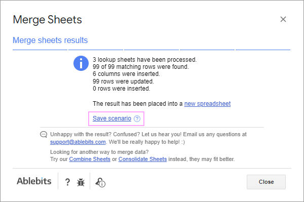 Save scenario in Merge Sheets.