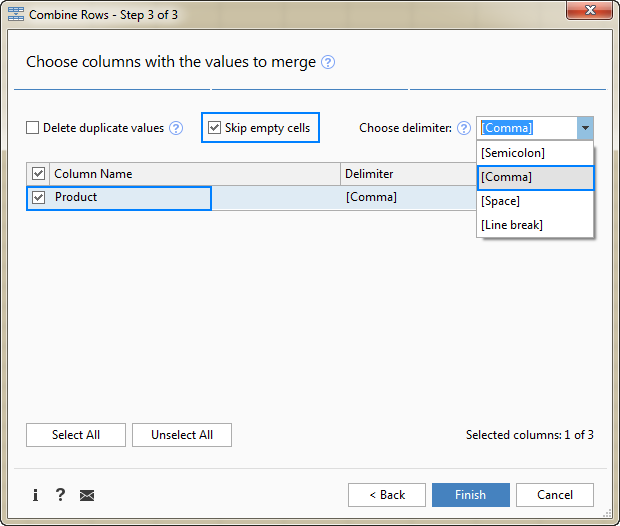 Select the column(s) from which you want to pull multiple values and choose the desired delimiter.