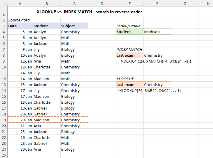 XLOOKUP and INDEX MATCH searching in reverse order