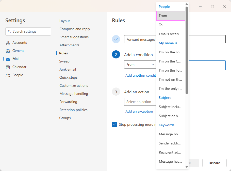 Specify the conditions for the email rule.