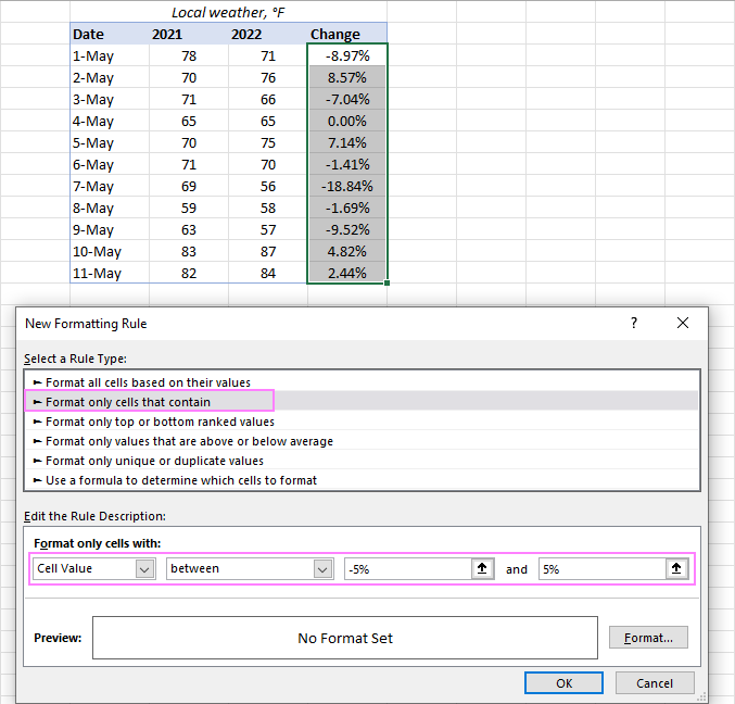 Choose the conditional formatting rule type.