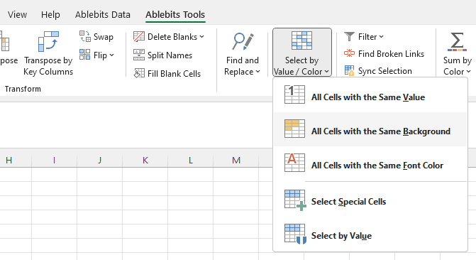 Select cells with the same background color.