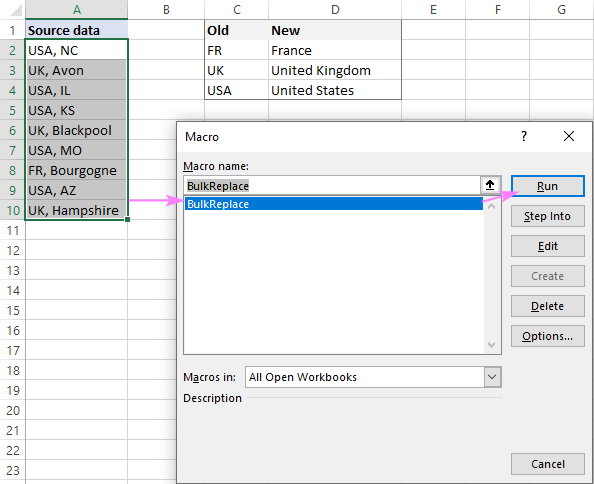 Excel macro find and replace multiple values