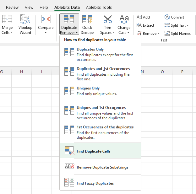 Start Find Duplicate Cells.