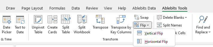 Click Flip on the Ablebits Tools tab and choose the way to reverse the data.