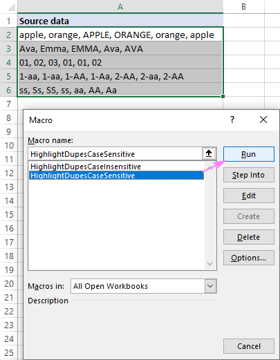 Run the macro to highlight duplicates words in Excel.