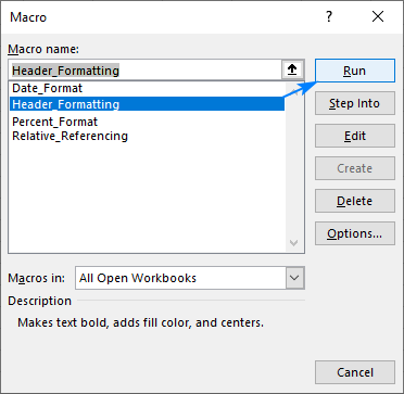 Running a macro in Excel