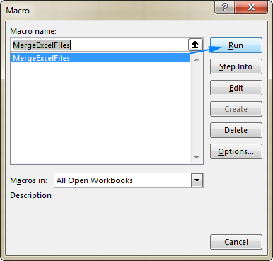 Run the MergeExcelFiles macro.