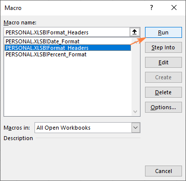 Run a macro stored in a personal workbook.