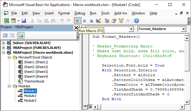 Running a macro from the VBA Editor