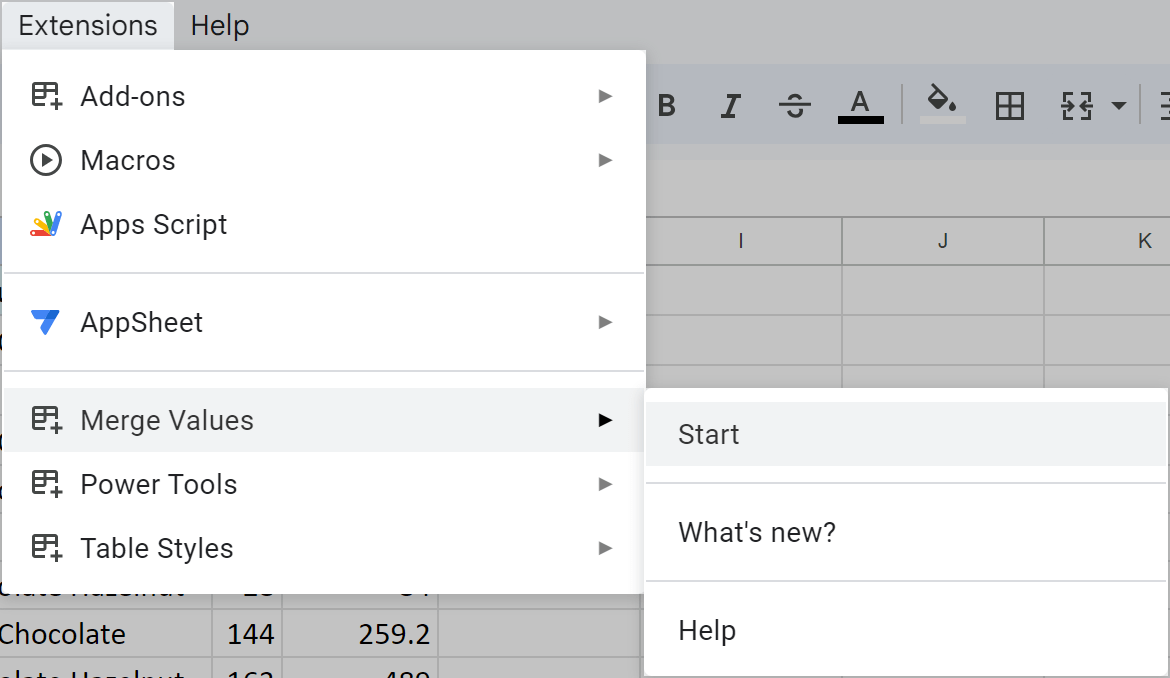 Start Merge Values in the Google Sheets menu.